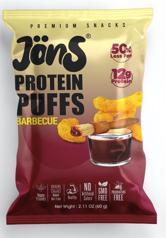 A bag of Jöns Protein Puffs, Barbecue.